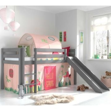 Halfhoogslaper met glijbaan Astrid met bedtent en bedtunnel Spring - grijs