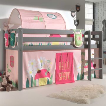 Halfhoogslaper Charlotte met bedtent, -tunnel & opbergzakjes Spring - grijs
