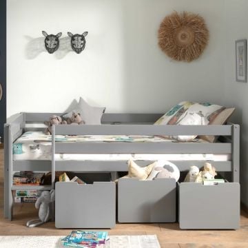 Halfhoogslaper Pip met 3 opberglades 90 x 200cm dennenhout - grijs