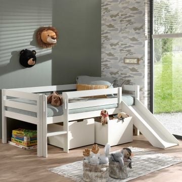 Halfhoogslaper met glijbaan Pip met 2 opberglades 90 x 200 dennenhout - wit