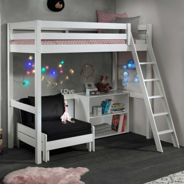 Hoogslaper Claire 90x200cm met boekenkast en zetelbed - wit