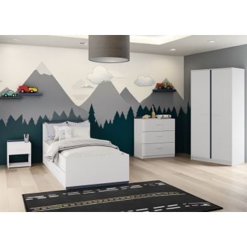 Kinderkamer Reverso: bed 90x190/200 met lades, nachtkastje, commode, kledingkast - wit/blauw