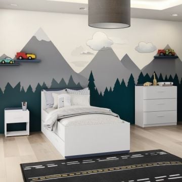 Kinderkamer Reverso: bed 90x190/200 met lades, nachtkastje, commode - wit/blauw