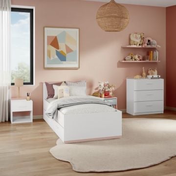 Kinderkamer Reverso: bed 90x190/200 met lades, nachtkastje, commode - wit/roze
