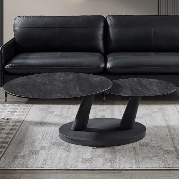 Salontafel Sapporo - Ø80x45cm - draaibaar - metaal en steen - zwart marmer