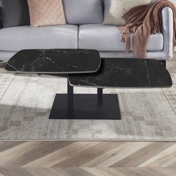 Salontafel Sendai 70-120 x 70 x 35 cm - draaibaar - metaal en steen - zwart marmer