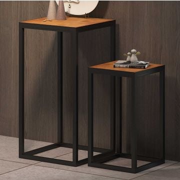 Madeira bijzettafelset - metalen frame, exotisch hout.