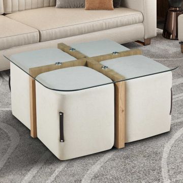 Salontafelset met vier poefs Shana | 90 x 90 x 45 cm | Wit - Glas