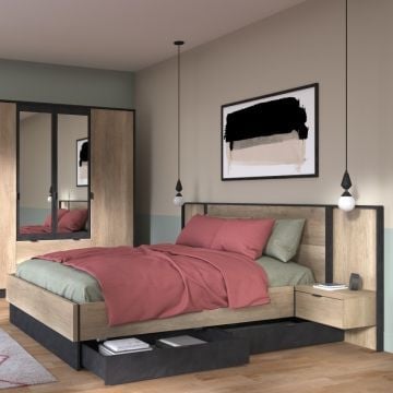 Tweepersoonsbed Yuri 140x190cm - antraciet/eik decor