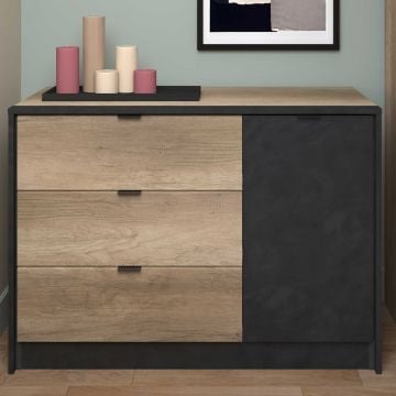 Commode Yuri 113cm, 1 deur & 3 lades - antraciet/eik decor