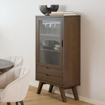 Vitrinekast Sieg - 72x36x145cm - 1 deur & 2 lades - 'smoked' eikfineer