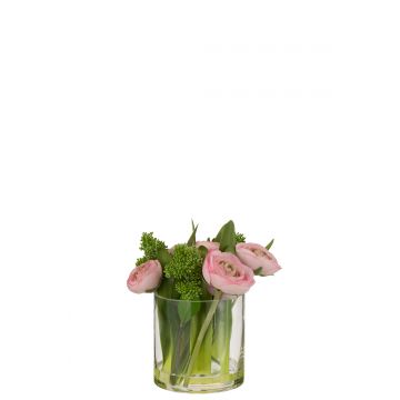Renoncule dans vase plastique verre rose/vert small
