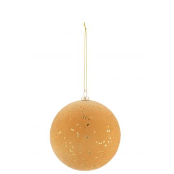 Kerstbal stippen plastiek fluweel oker/goud medium