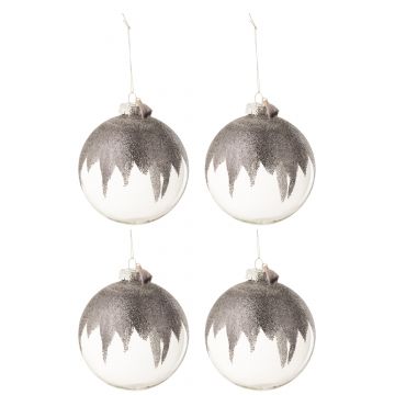Doos van 4 kerstballen glitter mini kwast grijs glas transparant large