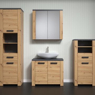 Combinaison salle de bains Follow | Meuble lavabo, colonne, miroir et armoire latérale | Artisan Oak