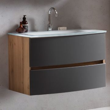Meuble vasque Kornel 80cm avec vasque blanche - chêne/gris mat