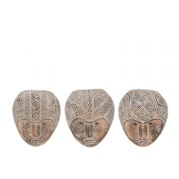 Muurdecoratie masker primitief alabasia hout bruin/wit assortiment van 3