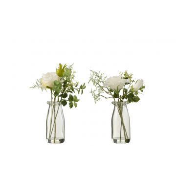 Bouquet roses/eustomes dans vase+eau artificielle plastique vert/blanc assortiment de 2 small