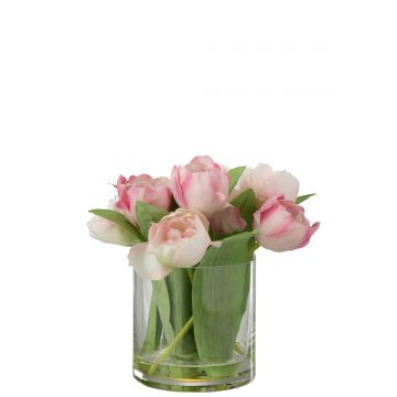 Tulipes en vase rond plastique verre rose large