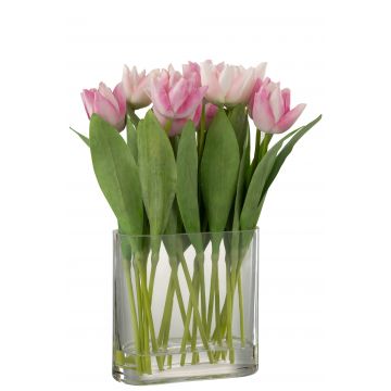 Tulipes en vase ovale plastique verre rose