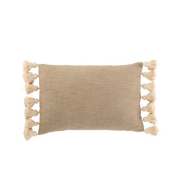 Coussin rectangle pompon coton polyester taupe