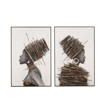 Schilderij afrikaanse vrouw hout/canvas bruin/grijs assortiment van twee