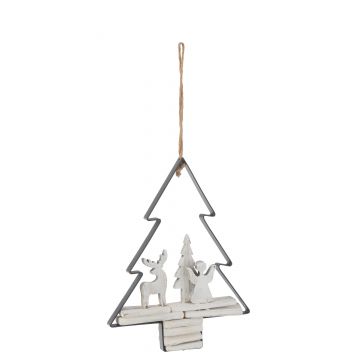 Hanger kerstboom+figuren hout/metaal wit