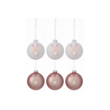 Doos van 6 kerstballen 3+3 rendier glas licht roze/wit small