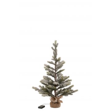 Kerstboom besneeuwd+led+batterij in pot jute plastiek groen medium