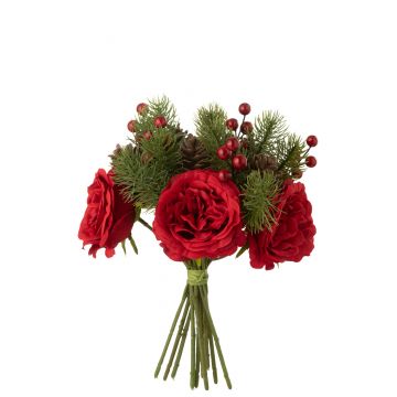 Bouquet roses/baies/branche de pin plastique rouge/vert large