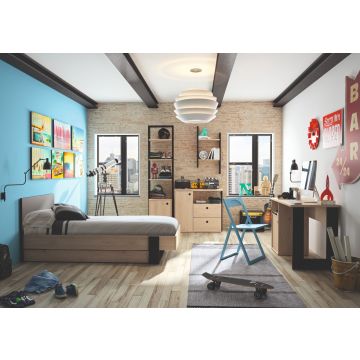 Kinderkamer Dean: bed 90x190cm met lade, boekenrek, commode, bureau, wandrek - kastanje/zwart