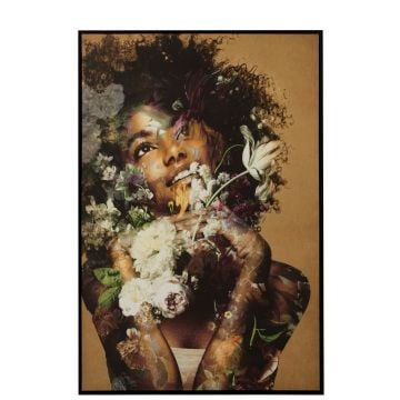 Kader vrouw bloemen canvas/hout mix