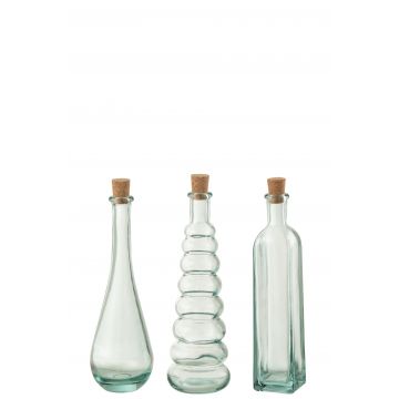 Fles werveling rond vierkant kurk gerecycleerd glas large assortiment van 3