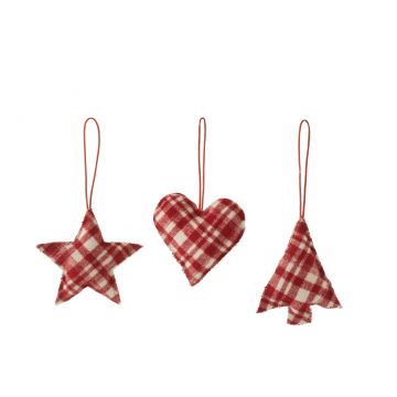 Hanger hart/ster/kerstboom geruit textiel rood/wit assortiment van 3