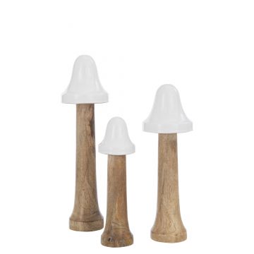 Set de 3 champignons fins bois naturel/blanc