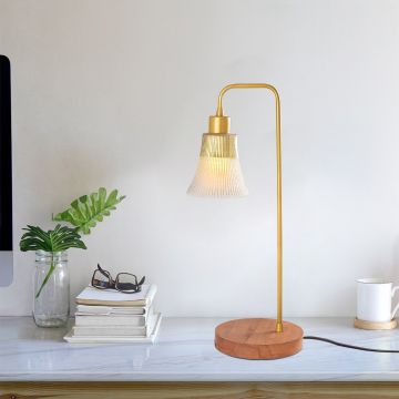 Noor Tafellamp | Metalen frame, glazen kap, houten basis | 15x52 cm | Goud