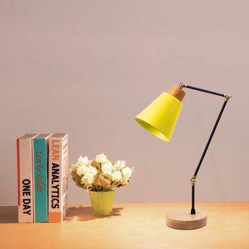 Eigentijdse tafellamp | metalen frame, houten basis | geel | 14x52 cm