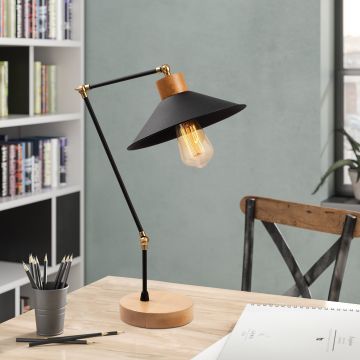 Noor Tafellamp | Metalen Lamp | Houten Lampvoet | 24x52 cm | Zwart
