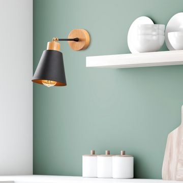 Moderne Zwart Eiken Wandlamp | Metalen Lamp | Houten Lampvoet