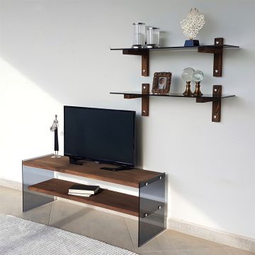 Locelso TV-meubel | 100% grenenhout | 8mm dikte | Gehard glazen frame | Notenhoutkleur