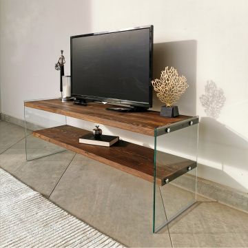 Locelso TV-meubel | 100% grenen massief hout | gehard glas | walnoot