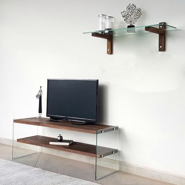 Locelso TV-meubel | Massief grenenhout | Gehard glas | Notenhout