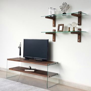 Locelso TV-meubel | 100% grenen massief hout | gehard glas | walnoot