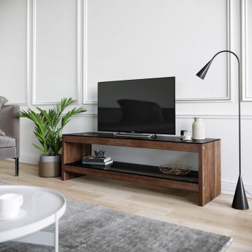 Locelso TV Stand | 100% Solid Wood Pine | 8mm Thick | Tempered Glass | Walnut