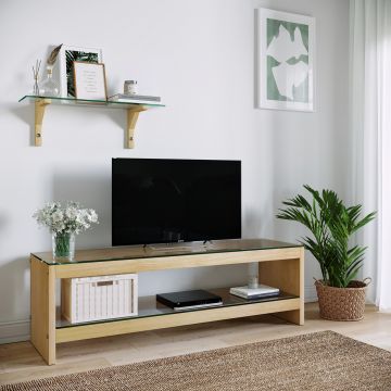 Locelso TV-meubel | 100% grenenhout | 8mm dikte | 100% gehard glas | Eikenkleur