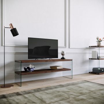 Meuble TV moderne en noyer avec étagères et fixation murale