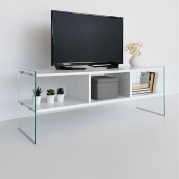 Locelso TV Stand - 120cm Wide | 100% Melamine Coated | 8mm Thickness | Tempered Glass Frame