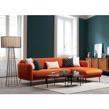 Comfortabel en stijlvol hoekbank | Beukenhouten frame, oranje polyester stof | 270x170 cm | Slaapbankmechanisme