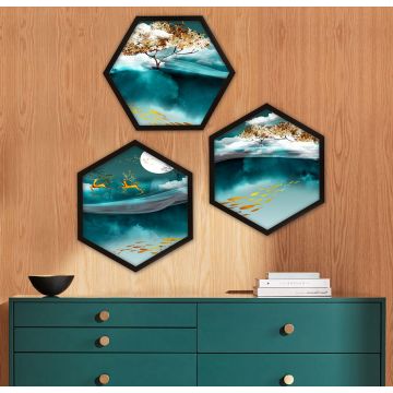 Hexagone - Set de 3 peintures encadrées | Multicolore | 35x35 cm