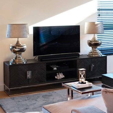Tv-meubel Bony 220cm 4 deuren visgraatmotief - zwart/zilver 